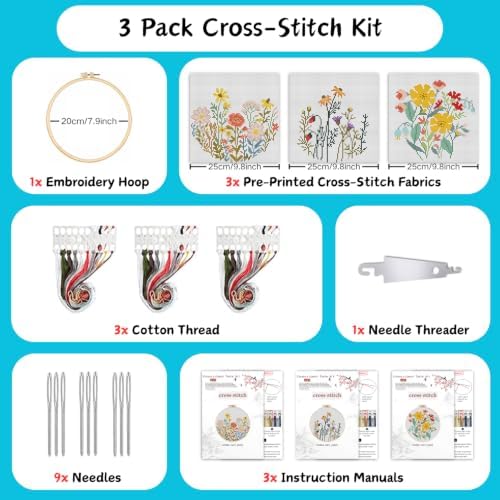 3 Pack Stamped Cross Stitch Kits for Beginners-Wild Flowers,with Hoop - Image 2
