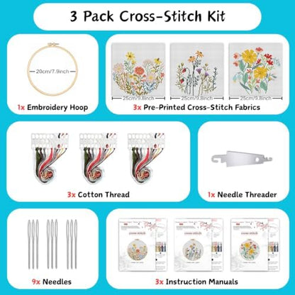 3 Pack Stamped Cross Stitch Kits for Beginners-Wild Flowers,with Hoop - Image 2