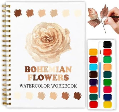 12 Boho Flower Patterns Watercolor Set, Bohemian Floral Painting Book for Beginners, Stress Relief Art Gift for Women, Relaxing DIY Workbook by Unknown