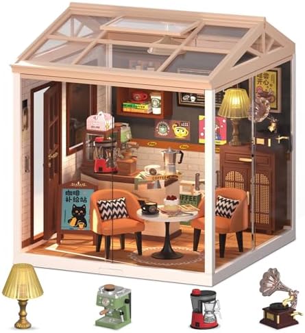 DIY Retro Coffee Shop Miniature House Kit, 115 Pieces Mini Dollhouse with Furniture & LED Light with Roof & Dust Covers Tiny House Toy for Adults by Loyratche