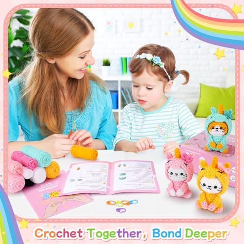 Crochet Kit for Beginners - 3 PCS Unicorn Cat Crochet Kits with Step-by-Step Video Tutorials, Beginner Crochet Kit for Adults, Crochet Animal Kit for Starters, Cat Dressed as Unicorn Set - Image 7