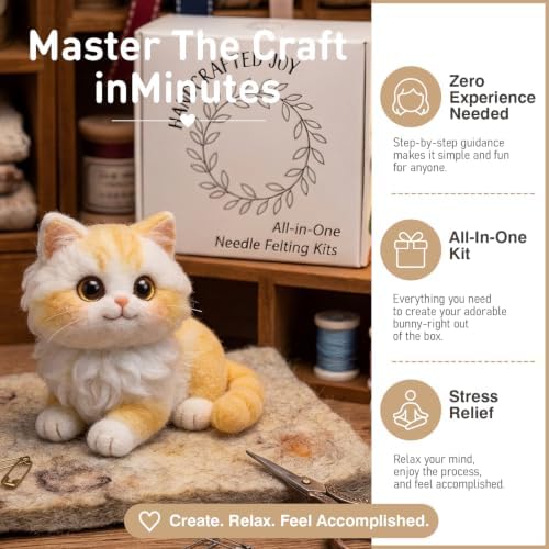 DIY Needle Felting Kit Cute Fluffy Napoleon Munchkin Cat – Needle Felting Starter Kit with Fiber Roving, Needles, Felting Pad & Instructions | Felted Cat Kit for Beginners Adults | DIY Craft Gift - Image 3