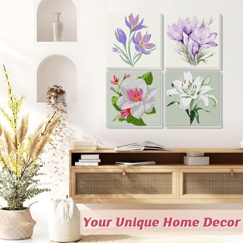 Flowers Paint by Number for Adults Beginners and Kids, 4 Pack DIY Adult Paint by Number Kits on Canvas Framed, Color by Numbers Acrylic Oil Painting Number Kits Crafts for Home Wall Decor 8x8inch - Image 2