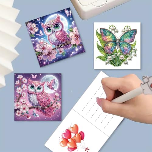 jinglinhh 6pcs Moon Peach Blossoms Owl Butterfly Flowers Diamond Art Painting Greeting Cards with Envelopes, DIY Card Making Kits for Adults, Diamond Art Postcards Holiday Cards Craft Gifts - Image 5