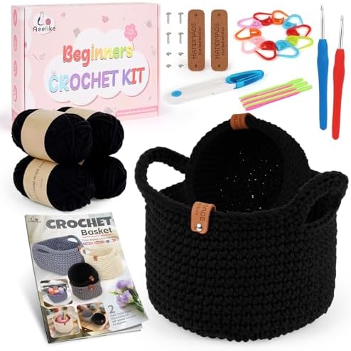 Aeelike Crochet Basket Kit for Beginner,Black Round Basket,Gift Box Package by Aeelikescrochetworld