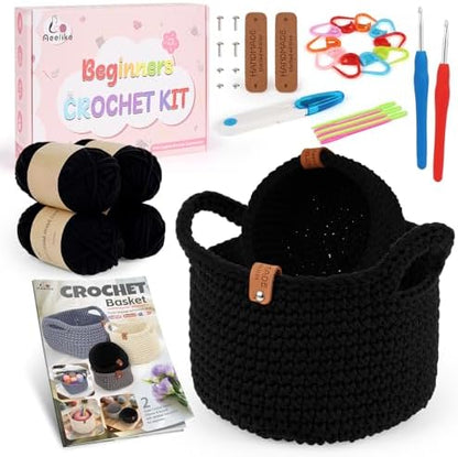 Aeelike Crochet Basket Kit for Beginner,Black Round Basket,Gift Box Package by Aeelikescrochetworld