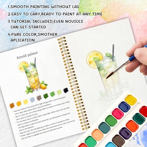 Cocktail Watercolor Workbook, Water Coloring Book, 12 Patterns, Watercolor Kit for Beginners, Relaxing DIY Art Gift for Women and Adults, Happy Hour Themed Watercolor Kit - Image 4