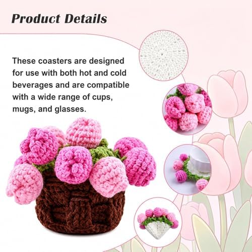 Yarniss Beginners Crochet Kit, Tulip Flower Coaster Set w/Video Guide - Image 4