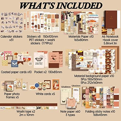 LCLAIDYDY 348 PCS Vintage Scrapbook Kit with A6 Grid Notebook, Bullet Junk Journals, DIY Gift Aesthetic Journaling Supplies for Teen Girl Women - Image 2