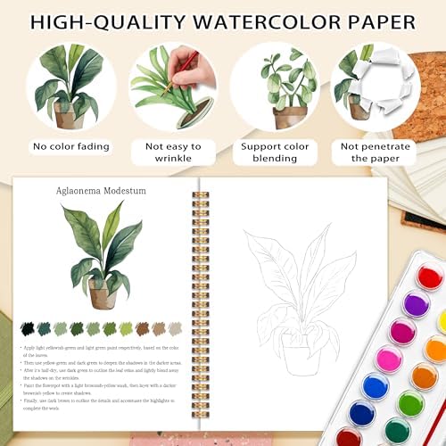 Potted Plants Favorites Watercolor Workbook, Easy Water Coloring Book for Adults Beginners, 12 Patterns, 18 Colors Watercolors Paint Set, Watercolor Kit, Gift for Women Plant Lovers Teen - Image 3