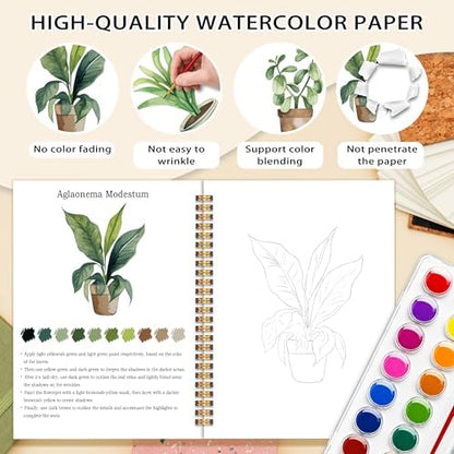 Potted Plants Favorites Watercolor Workbook, Easy Water Coloring Book for Adults Beginners, 12 Patterns, 18 Colors Watercolors Paint Set, Watercolor Kit, Gift for Women Plant Lovers Teen - Image 3