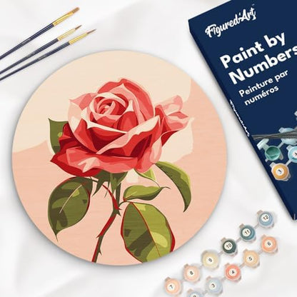 Figured'Art Paint by Numbers Kit for Adults on Wood Slice, 11.8in Diameter - Red Rose - Craft Art Painting DIY Canvas by FiguredArt