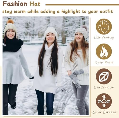 Syhood Hat Knit Set with Yarn Bamboo Needle Pom,White, Khaki White, Khaki - Image 6