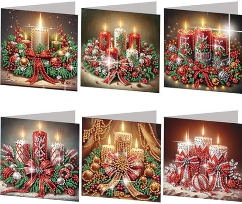 jinglinhh 6pcs Christmas Bow Candle Diamond Art Painting Greeting Cards with Envelopes, DIY Card Making Kits for Adults, Diamond Art Postcards Christmas Cards Craft Gifts by Unknown