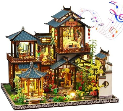 Plustopoy DIY Miniature House Kit: Villa Tiny House Kit with LED Light - DIY Wooden Dollhouse Miniature Kit for Adults Teen, Wooden Crafts Vintage Courtyard Doll House Kit, Great Handmade Crafts Gift by Plustopoy