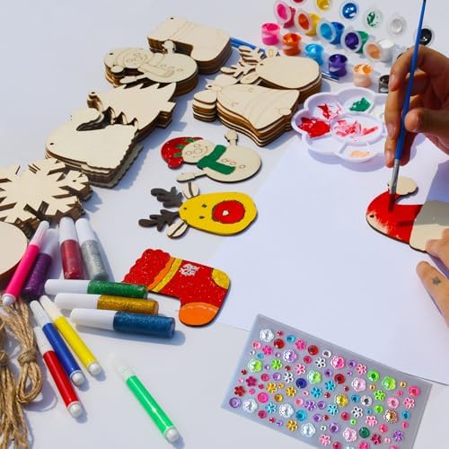 Christmas Craft Painting Kits, 48pcs Wooden Christmas Ornaments, Unfinished Paintable Blank Wood Slice with 8 Styles & Crafts Making Supplies, DIY Xmas Tree Decor Art Activity for Family Fun - Image 3