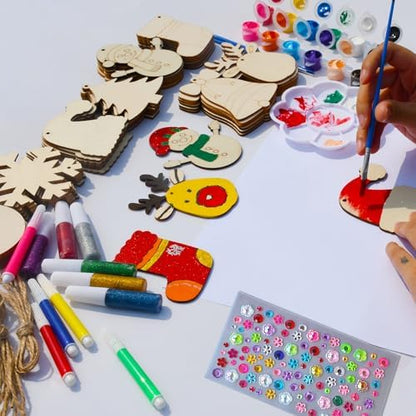 Christmas Craft Painting Kits, 48pcs Wooden Christmas Ornaments, Unfinished Paintable Blank Wood Slice with 8 Styles & Crafts Making Supplies, DIY Xmas Tree Decor Art Activity for Family Fun - Image 3