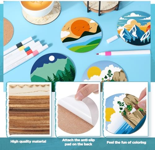 Reallnaive 45 Pcs Wooden Coaster Painting Kit, 10 Landscape Wood Coasters - Image 4