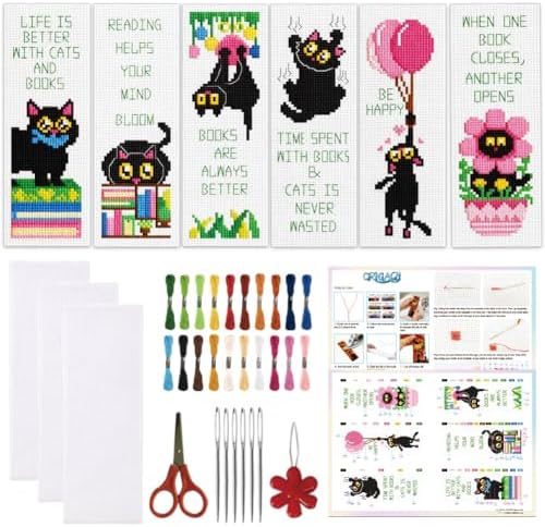 ORIGACH 6 Set Black Cat & Inspirational Quotes Cross Stitch Bookmark Kit by ORIGACH