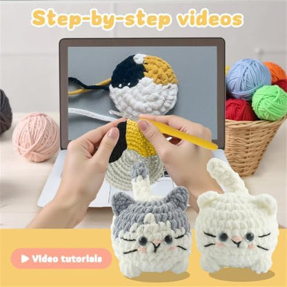 Linhao Jew Crochet Kit for Beginners – Cat Crochet Kit Keychain with Pre-Started Easy Yarn, Step-by-Step Video Tutorials for Adults DIY Crafts (Kitten) - Image 5