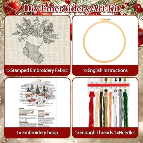 RUIQLXHANG Christmas Embroidery Kit, Christmas Gnomes Embroidery Kits for Beginners with Pattern, Cotton Threads, Needles, Instruction, 20cm Hoop, Gift for Mom, Grandma (Stocking Stuffer) - Image 3