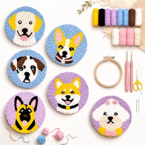Punch Needle Coaster Kit for Adults Beginners, Easy Punch Embroidery Starter Set with Instructions – Fun Mug Rug Making Kit for Table Decor & Festival DIY Gifts (6pcs Cute Dogs) by PunchBloom