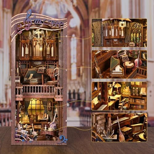 fifijoy Book Nooks, DIY Miniature Book Nook Kit Music, 3D Wooden Puzzle Bookends for Bookshelf Insert Decor with Led Light for Teens and Adults (Timeless Melody) - Image 2