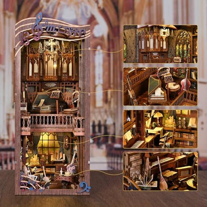 fifijoy Book Nooks, DIY Miniature Book Nook Kit Music, 3D Wooden Puzzle Bookends for Bookshelf Insert Decor with Led Light for Teens and Adults (Timeless Melody) - Image 2