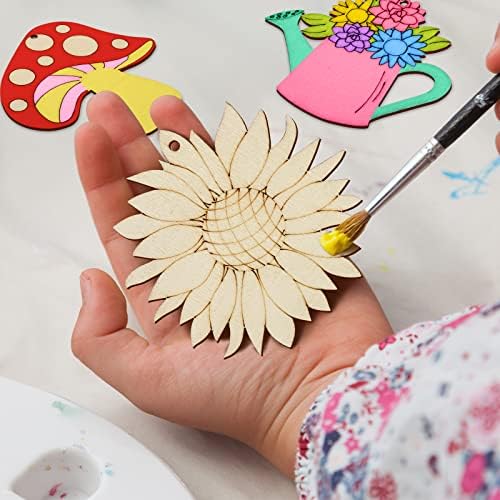 80PCS Wooden Spring Ornaments to Paint, 8 Styles DIY Blank Unfinished Wood Cutouts Ornament for Home Crafts Hanging Decorations, Insect Dragonfly Butterfly Snail Watering Can Mushroom Flower Shape - Image 4