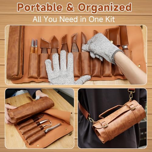 Wood Carving Kit, 17Pcs Wood Carving Tools, Professional Whittling Knife Set, Wooden Hand Knives with Sheath & Deluxe Leather Roll Bag for Beginners Adults & Starter Woodworking - Image 5