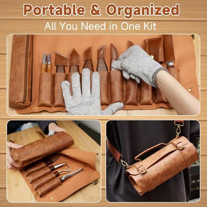 Wood Carving Kit, 17Pcs Wood Carving Tools, Professional Whittling Knife Set, Wooden Hand Knives with Sheath & Deluxe Leather Roll Bag for Beginners Adults & Starter Woodworking - Image 5