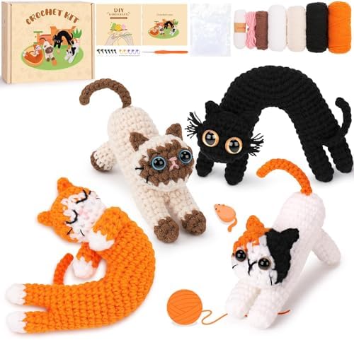 Crochet Kit for Beginners - 4 PCs Cat Crochet Kits with Step-by-Step Video Tutorials, Beginner Crochet Kit for Adults Kids, Learn to Crochet Animal Kit, Creative Crochet Gift for Cat Lovers by FortuningsJDS