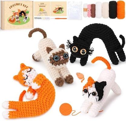Crochet Kit for Beginners - 4 PCs Cat Crochet Kits with Step-by-Step Video Tutorials, Beginner Crochet Kit for Adults Kids, Learn to Crochet Animal Kit, Creative Crochet Gift for Cat Lovers by FortuningsJDS