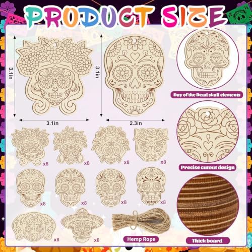 80PCS Wooden Day of The Dead Skull Ornaments to Paint Dia De Los Muertos Decorations Crafts for Kids, Halloween Decorations DIY Blank Sugar Skull Unfinished Mexican Fiesta Cutouts for Party Hanging - Image 3