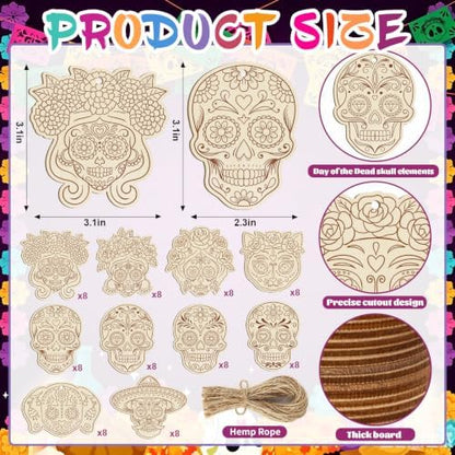 80PCS Wooden Day of The Dead Skull Ornaments to Paint Dia De Los Muertos Decorations Crafts for Kids, Halloween Decorations DIY Blank Sugar Skull Unfinished Mexican Fiesta Cutouts for Party Hanging - Image 3