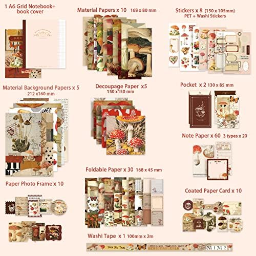 emmoolife Scrapbooking Supplies Kit, Vintage Mushroom Aesthetic Scrapbook Kit for Bullet Junk Journal, Stationery, A6 Grid Notebook, DIY Journaling Supplies, Birthday Craft Gift for Teen Girl Women - Image 2