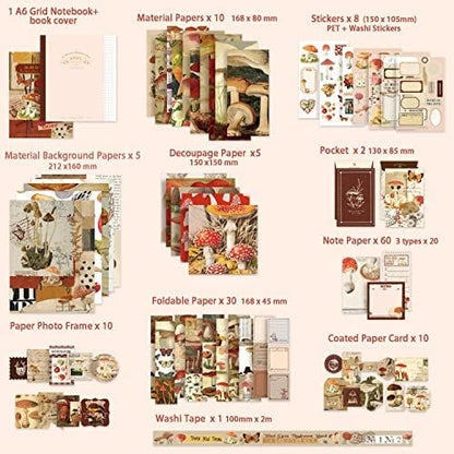 emmoolife Scrapbooking Supplies Kit, Vintage Mushroom Aesthetic Scrapbook Kit for Bullet Junk Journal, Stationery, A6 Grid Notebook, DIY Journaling Supplies, Birthday Craft Gift for Teen Girl Women - Image 2