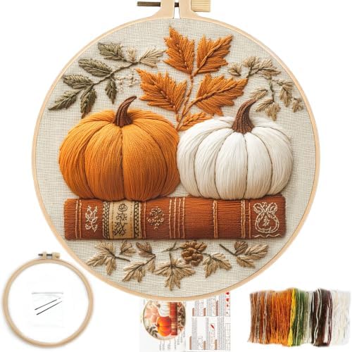 FONNUY Pumpkin Embroidery Kit for Beginners, Pre-Stamped Pattern Kits for Adults with Hoop, Easy to Follow Color Thread Needlework, 8'' Hoop (White) by FONNUY