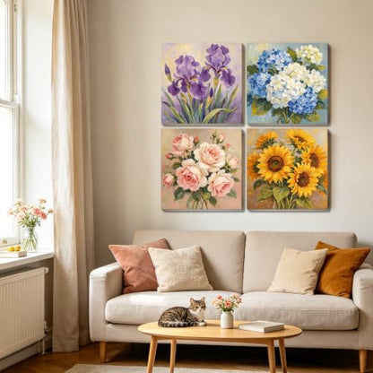 Canrichshop 4 Pack Retro Paint by Numbers for Beginner with Frame,Flowers Adult Paint by Number Kits on Canvas, DIY Number Painting for Adults for Decor 8X 8 inch - Image 2