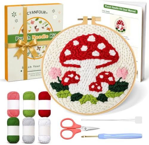 CYANFOUR Punch Needle Kit for Beginners, Mushroom Punch Needle Kits Adults, Craft Kits for Adults with 2 Pre-Printed Fabrics, Embroidery Hoop, Threads, DIY Gift and Home Decor 20 * 20cm by Cyanfour