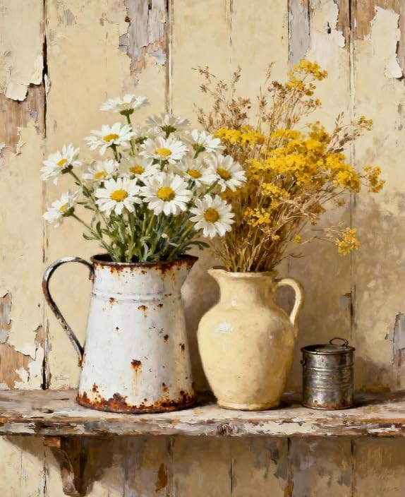Vintage Still Life Daisies in Rustic Pitcher Paint by Numbers Kit for Adults Beginner 24colors 16x20 inch Framed by Unknown