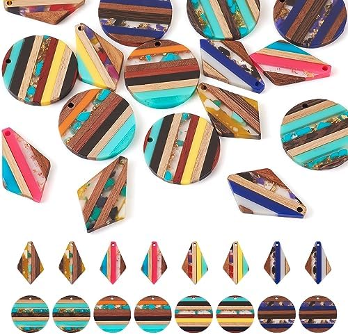 FASHEWELRY 16Pcs Resin Wood Earring Charms Flat Round Wooden Earring Blanks Kite Wooden Earring Findings Vintage Colorful Boho Charms for Jewelry Making by FASHEWELRY
