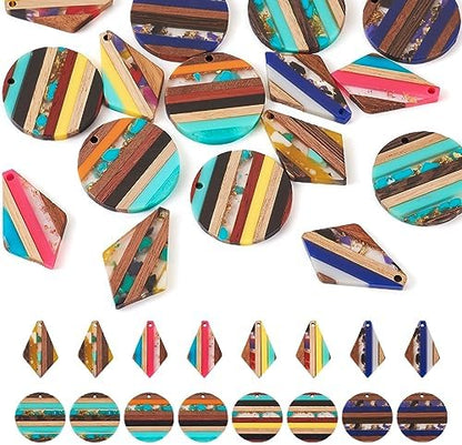 FASHEWELRY 16Pcs Resin Wood Earring Charms Flat Round Wooden Earring Blanks Kite Wooden Earring Findings Vintage Colorful Boho Charms for Jewelry Making by FASHEWELRY
