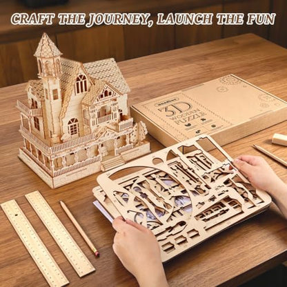3D Wooden Puzzle for Adult, DIY Countryside Cottage Model Kit w/Spark Light - Image 5