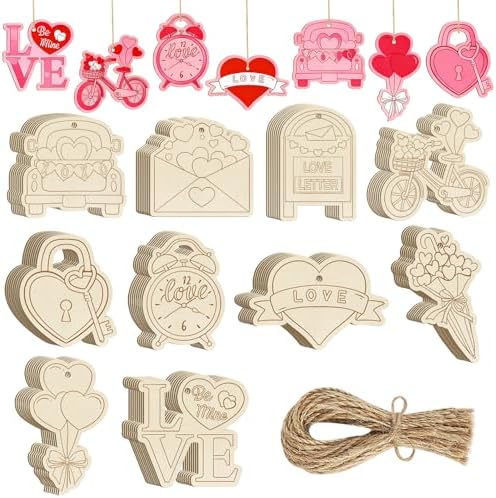 80PCS Wooden Heart Ornaments to Paint Valentine's Day Craft,10 Styles DIY Blank Unfinished Wood Heart Cutouts Ornament for Crafts Spring Tree Hanging Decorations Love by Sophena