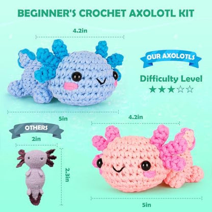 Crochetta Crochet Kit for Beginners, Beginner Crochet Starter Kit w Step-by-Step Video Tutorials, Learn to Crochet Kits for Adults Women Men, DIY Knitting Supplies, Axolotls (Blue and Pink) - Image 2