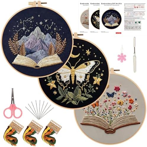FEIYUENO 3 Pack Beginner Embroidery Kits for Adults Senior (Butterfly) by FEIYUENO