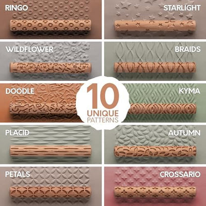 Byllstore Clay Texture Rollers | 10-Pack | 5 in x 0.65 in | Premium Wooden Pottery Tools | Set C - Image 2