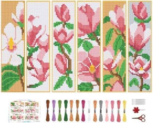 BEUNITONE 6 Pcs Flower Cross Stitch Bookmark Kits for Beginners Magnolia DIY Stamped Cross Stitch Kit Vintage Floral Embroidery Kit with Instruction for Craft Book Lover Reader Writer 8''x2.4'' by BEUNITONE