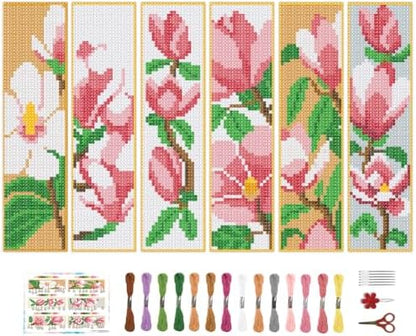 BEUNITONE 6 Pcs Flower Cross Stitch Bookmark Kits for Beginners Magnolia DIY Stamped Cross Stitch Kit Vintage Floral Embroidery Kit with Instruction for Craft Book Lover Reader Writer 8''x2.4'' by BEUNITONE